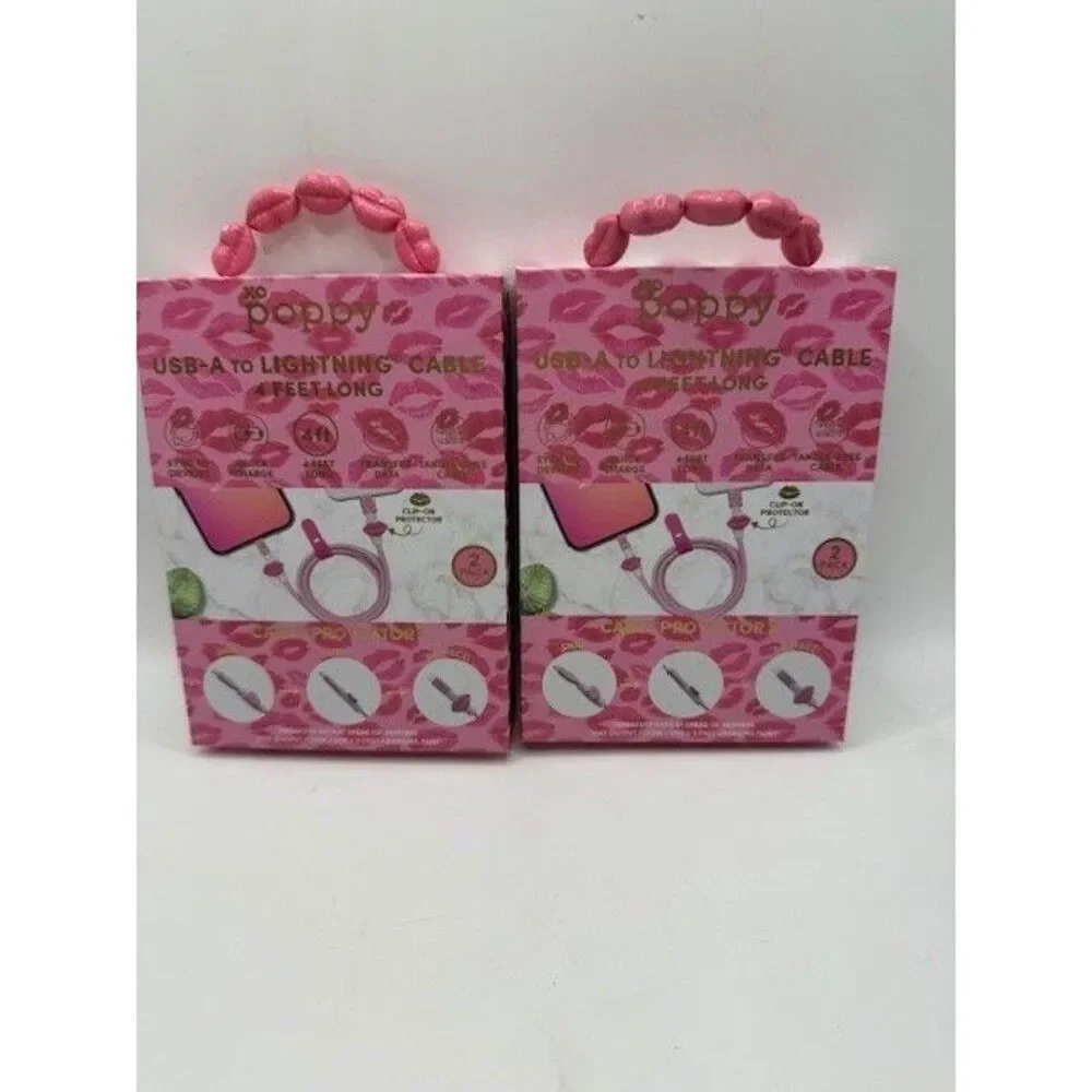 XO Poppy USB A Cable 4ft iPhone Charger Pink Lips Lot of 2